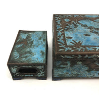 Chinese Blue Enamel on Bronze Cigarette and Match Box Set