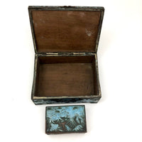 Chinese Blue Enamel on Bronze Cigarette and Match Box Set