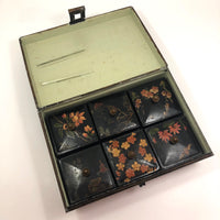 Asian-themed Tole Painted Antique Tin Spice Box with Six Canisters