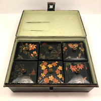 Asian-themed Tole Painted Antique Tin Spice Box with Six Canisters