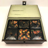 Asian-themed Tole Painted Antique Tin Spice Box with Six Canisters