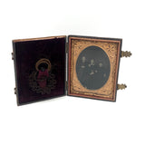 Striking Victorian Tintype of Three Sisters in Original Case with Pinned Hair Wreaths