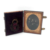 Striking Victorian Tintype of Three Sisters in Original Case with Pinned Hair Wreaths