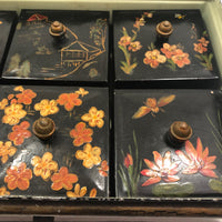 Asian-themed Tole Painted Antique Tin Spice Box with Six Canisters
