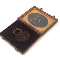 Striking Victorian Tintype of Three Sisters in Original Case with Pinned Hair Wreaths