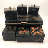 Asian-themed Tole Painted Antique Tin Spice Box with Six Canisters