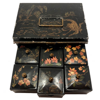 Asian-themed Tole Painted Antique Tin Spice Box with Six Canisters