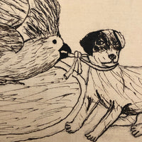 Charming Hand-drawn Pen and Ink French Postcard, Bird and Dog