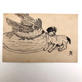 Charming Hand-drawn Pen and Ink French Postcard, Bird and Dog