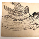 Charming Hand-drawn Pen and Ink French Postcard, Bird and Dog