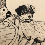 Charming Hand-drawn Pen and Ink French Postcard, Bird and Dog