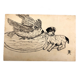 Charming Hand-drawn Pen and Ink French Postcard, Bird and Dog