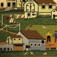 Farmhouse with Lighthouse and Train Station Vintage Needlepoint