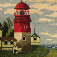 Farmhouse with Lighthouse and Train Station Vintage Needlepoint