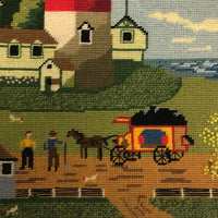 Farmhouse with Lighthouse and Train Station Vintage Needlepoint