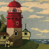 Farmhouse with Lighthouse and Train Station Vintage Needlepoint