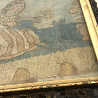 Antique Folk Art Watercolor and Silk Embroidery on Silk Mourning Picture