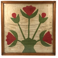 Emma Merkesell’s Large Hand Appliquéd Tulips Linen Quilt Square, Signed, 19th c.