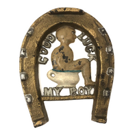 Good Luck My Boy! Antique Painted Cast Iron Horseshoe Trivet / Plaque
