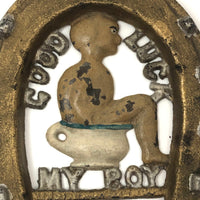Good Luck My Boy! Antique Painted Cast Iron Horseshoe Trivet / Plaque