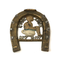 Good Luck My Boy! Antique Painted Cast Iron Horseshoe Trivet / Plaque