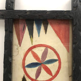 Antique Folk Art Watercolor Bookplate in Hand-Carved Period Frame