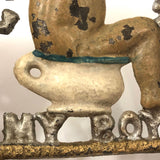 Good Luck My Boy! Antique Painted Cast Iron Horseshoe Trivet / Plaque