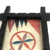 Antique Folk Art Watercolor Bookplate in Hand-Carved Period Frame