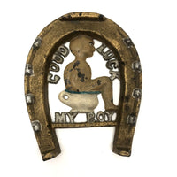 Good Luck My Boy! Antique Painted Cast Iron Horseshoe Trivet / Plaque