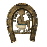 Good Luck My Boy! Antique Painted Cast Iron Horseshoe Trivet / Plaque