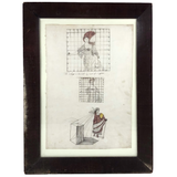 Marvelous 19th C Ink + Watercolor Drawing Illustrating Gridding and Perspective