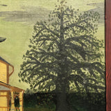 J PerLee Shilling Folk Art Painting of Yellow House with Green Sky in Grain Painted Frame