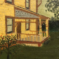 J PerLee Shilling Folk Art Painting of Yellow House with Green Sky in Grain Painted Frame