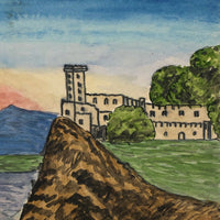 Sunrise over Mountains, Castle on Cliff, Antique Hand-drawn Postcard