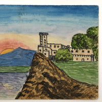 Sunrise over Mountains, Castle on Cliff, Antique Hand-drawn Postcard