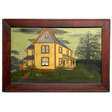 J PerLee Shilling Folk Art Painting of Yellow House with Green Sky in Grain Painted Frame