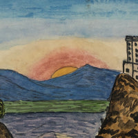 Sunrise over Mountains, Castle on Cliff, Antique Hand-drawn Postcard