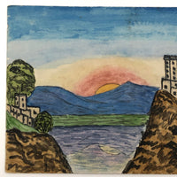 Sunrise over Mountains, Castle on Cliff, Antique Hand-drawn Postcard