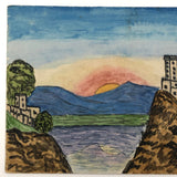 Sunrise over Mountains, Castle on Cliff, Antique Hand-drawn Postcard