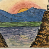 Sunrise over Mountains, Castle on Cliff, Antique Hand-drawn Postcard