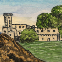 Sunrise over Mountains, Castle on Cliff, Antique Hand-drawn Postcard
