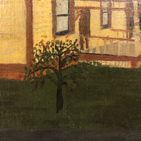 J PerLee Shilling Folk Art Painting of Yellow House with Green Sky in Grain Painted Frame