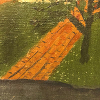 J PerLee Shilling Folk Art Painting of Yellow House with Green Sky in Grain Painted Frame