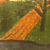 J PerLee Shilling Folk Art Painting of Yellow House with Green Sky in Grain Painted Frame