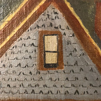 J PerLee Shilling Folk Art Painting of Yellow House with Green Sky in Grain Painted Frame
