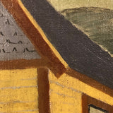 J PerLee Shilling Folk Art Painting of Yellow House with Green Sky in Grain Painted Frame
