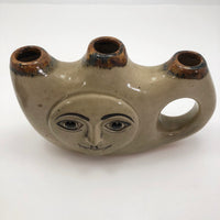 Tonala Mexican Folk Art Pottery Triple Vase or Candleholder with Smiling Face