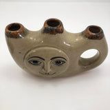 Tonala Mexican Folk Art Pottery Triple Vase or Candleholder with Smiling Face