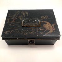 Asian-themed Tole Painted Antique Tin Spice Box with Six Canisters