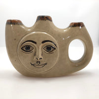 Tonala Mexican Folk Art Pottery Triple Vase or Candleholder with Smiling Face